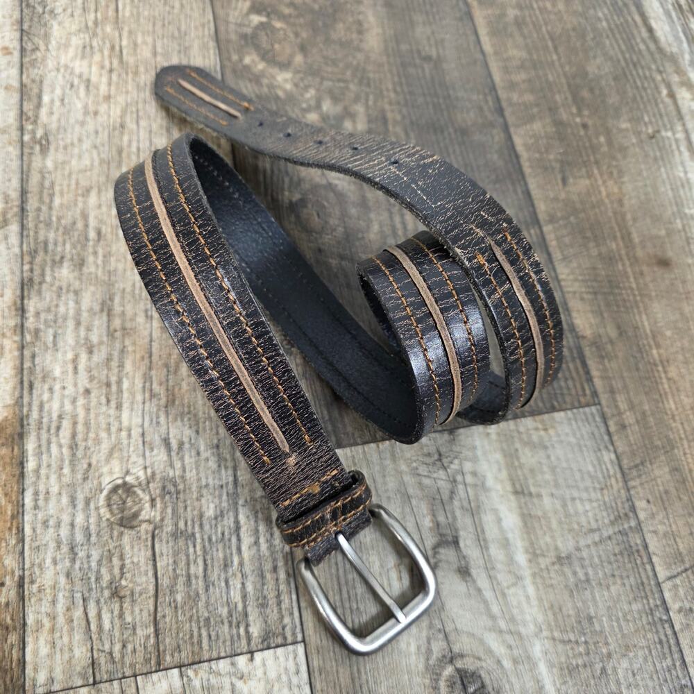 Bed Stu Black Brown Distressed Leather Belt Contrast Stitch Silver Buckle Large